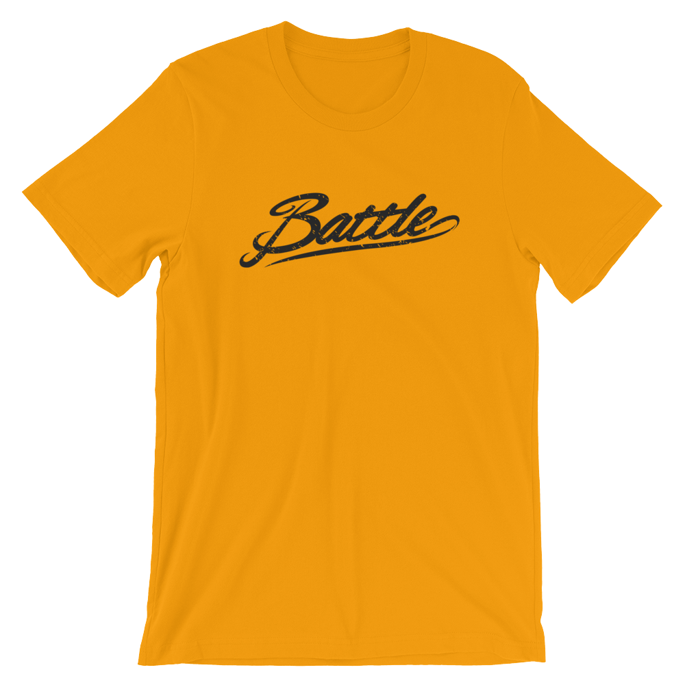 Battle Balm® (Men's) Battle Black Cursive Tee-Shirt [Gold]