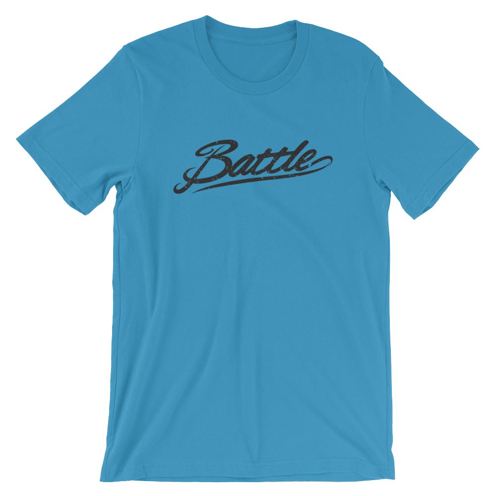 Battle Balm® (Men's) Battle Black Cursive Tee-Shirt [Ocean Blue]