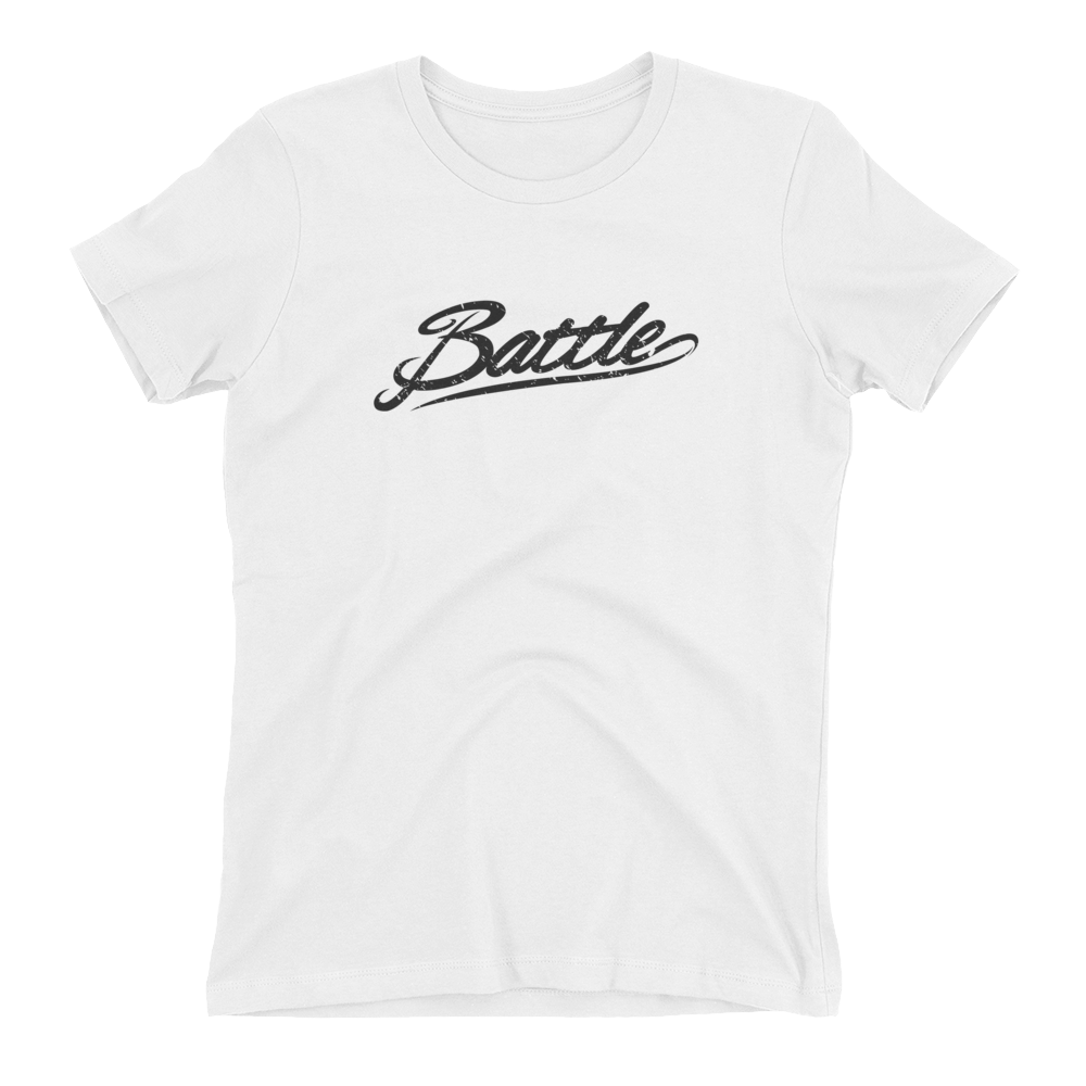 Battle Balm® (Women&#39;s) Battle Black Cursive Tee-Shirt [White]