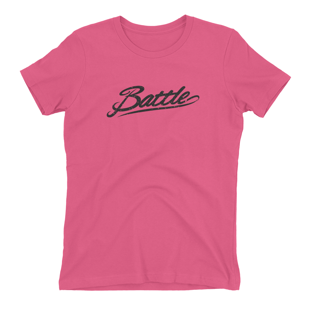 Battle Balm® (Women's) Battle Black Cursive Tee-Shirt [Hot Pink]