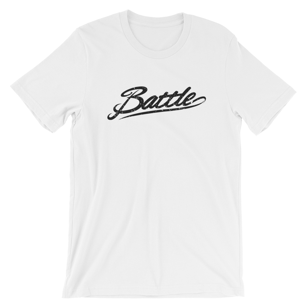 Battle Balm® (Men&#39;s) Battle Black Cursive Tee-Shirt [White]