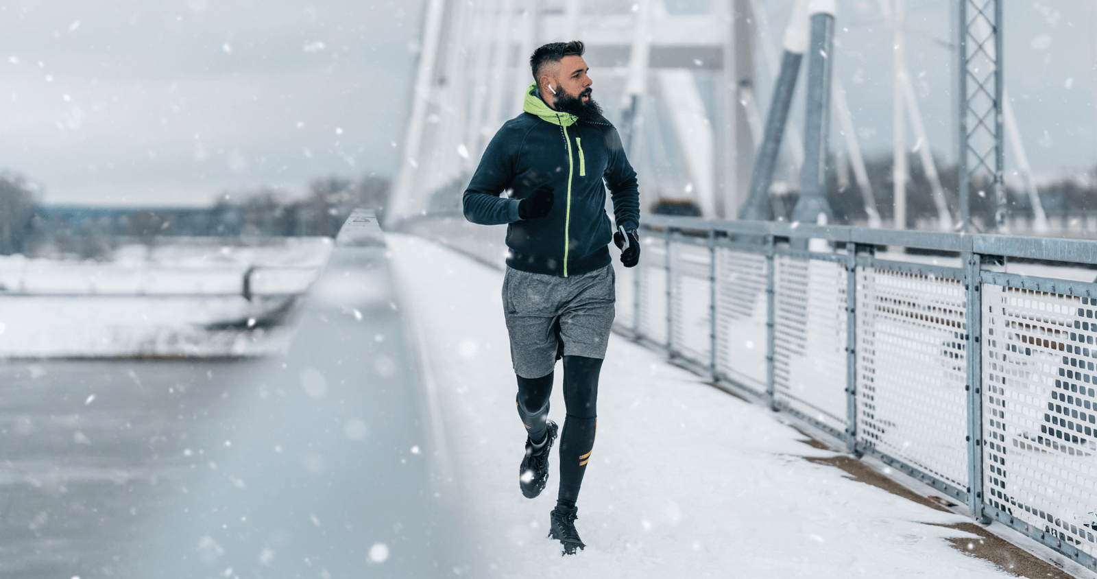 Male athlete running in winter while using Battle Balm as a decongestant and vapor rub to clear sinuses, relieve chest congestion, and relax muscles.