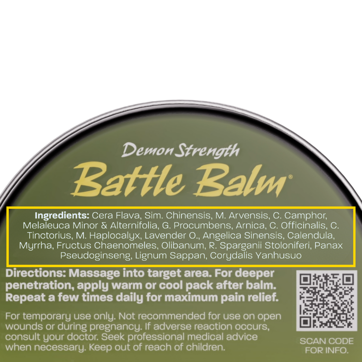 Back label of Battle Balm Demon Strength 1.9 oz tin with highlighted list of ingredients.