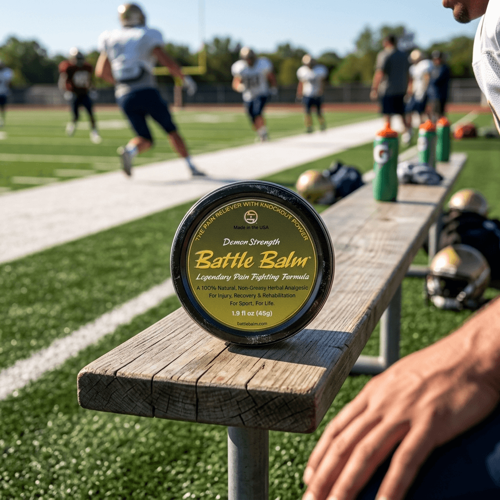 Battle Balm demon strength all natural organic topical pain cream on high school football sideline bench while athletes play a game in the background.