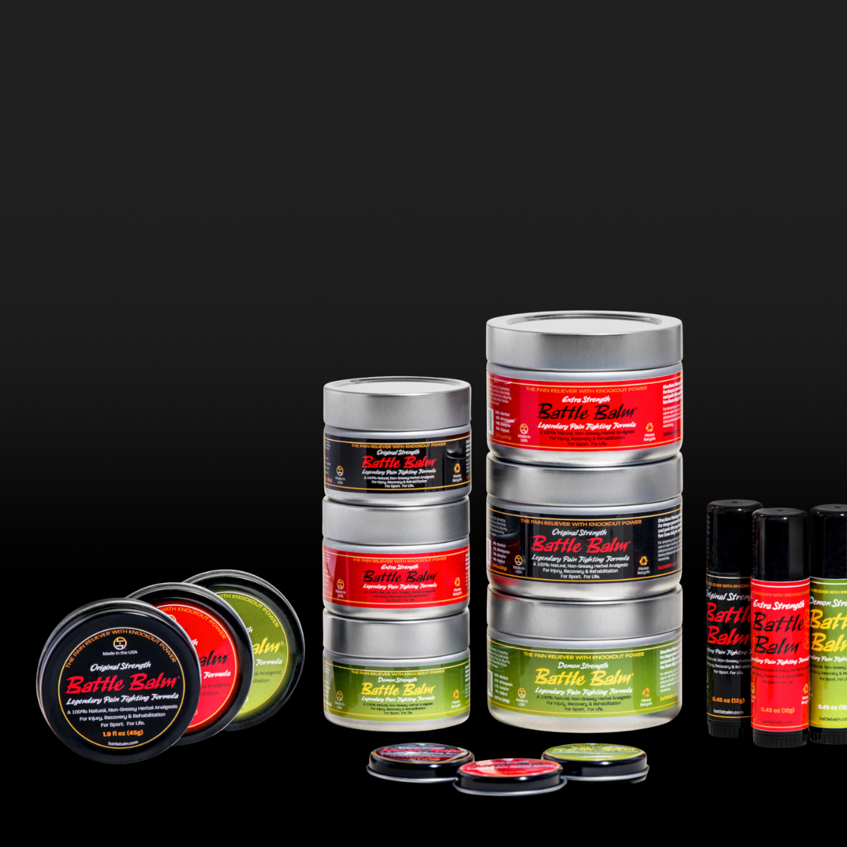 Display table showing the various sizes & strengths of Battle Balm all natural & organic topical pain relief cream for athletes and high level humans.