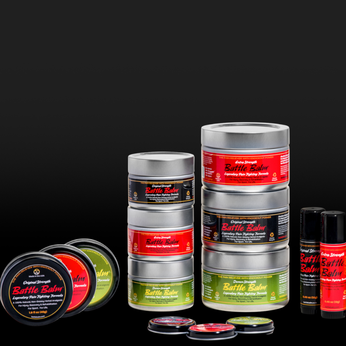 Display table showing the various sizes & strengths of Battle Balm all natural & organic topical pain relief cream for athletes and high level humans. Zoomed in 10%