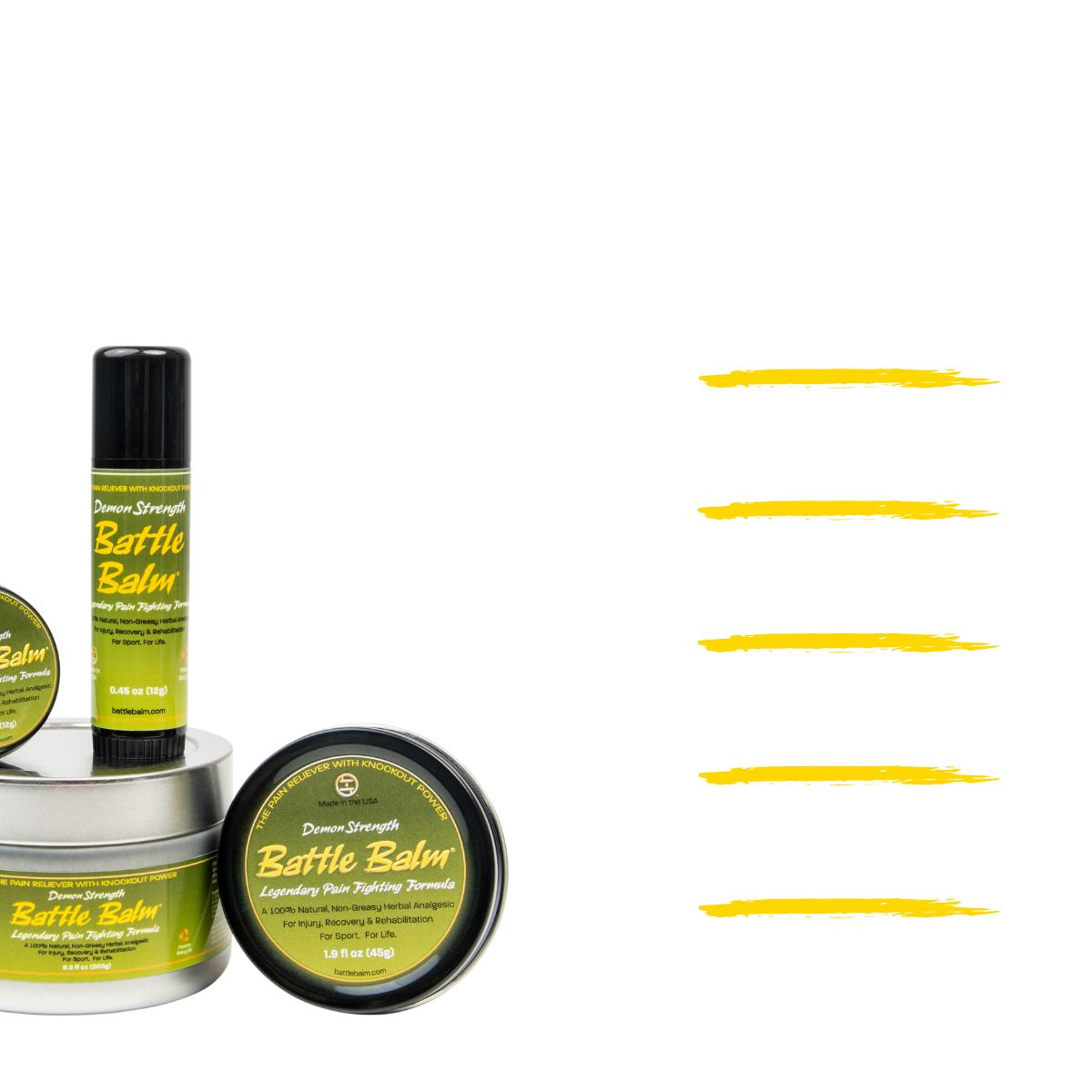 Battle Balm Demon Strength Herbal All Natural Topical Pain Relief Cream Group Shot Legendary Pain Relief - For arthritis, sprains, strains, bruises, & more!