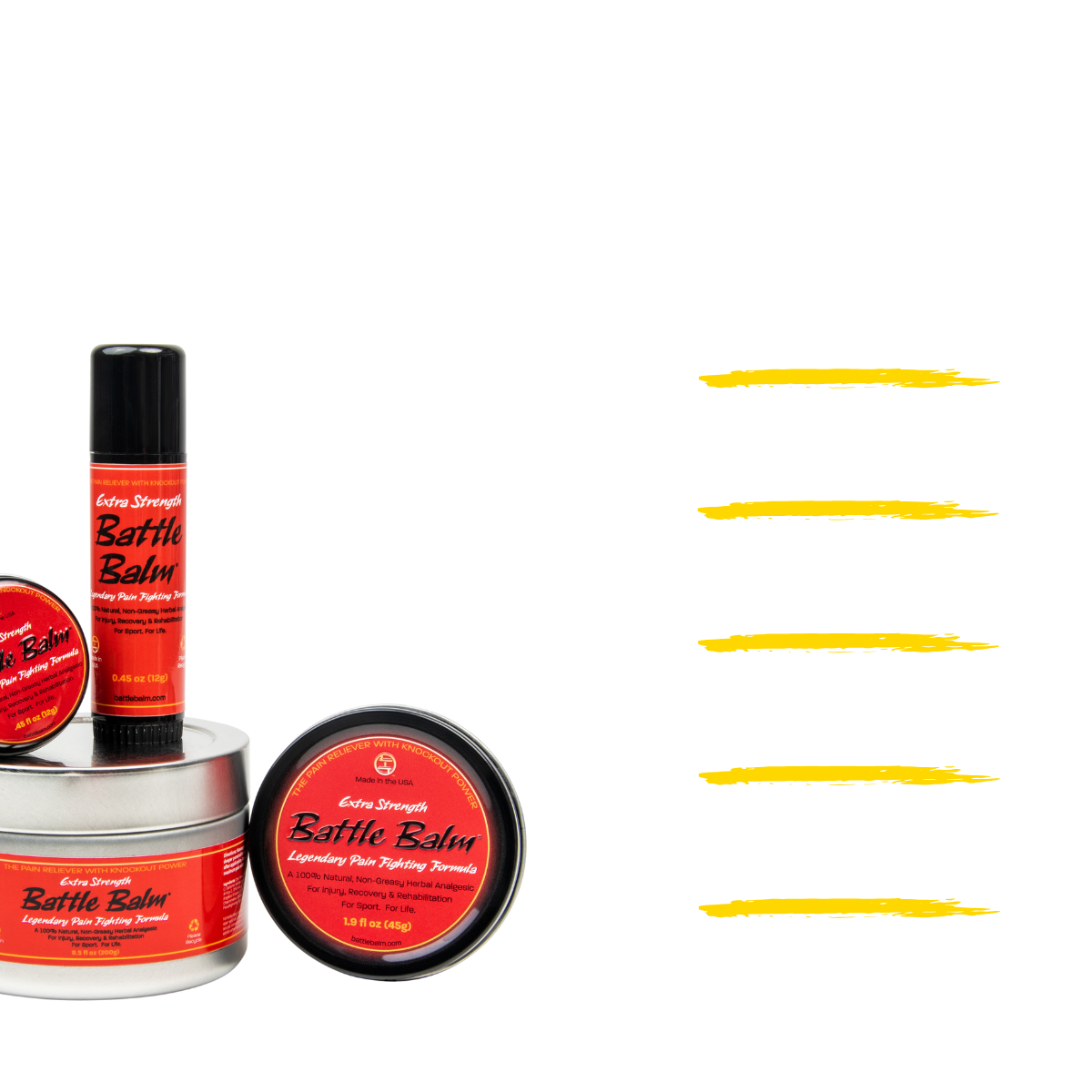 Battle Balm Extra Strength Herbal All Natural Topical Pain Relief Cream Group Shot Legendary Pain Relief - For arthritis, sprains, strains, bruises, & more!