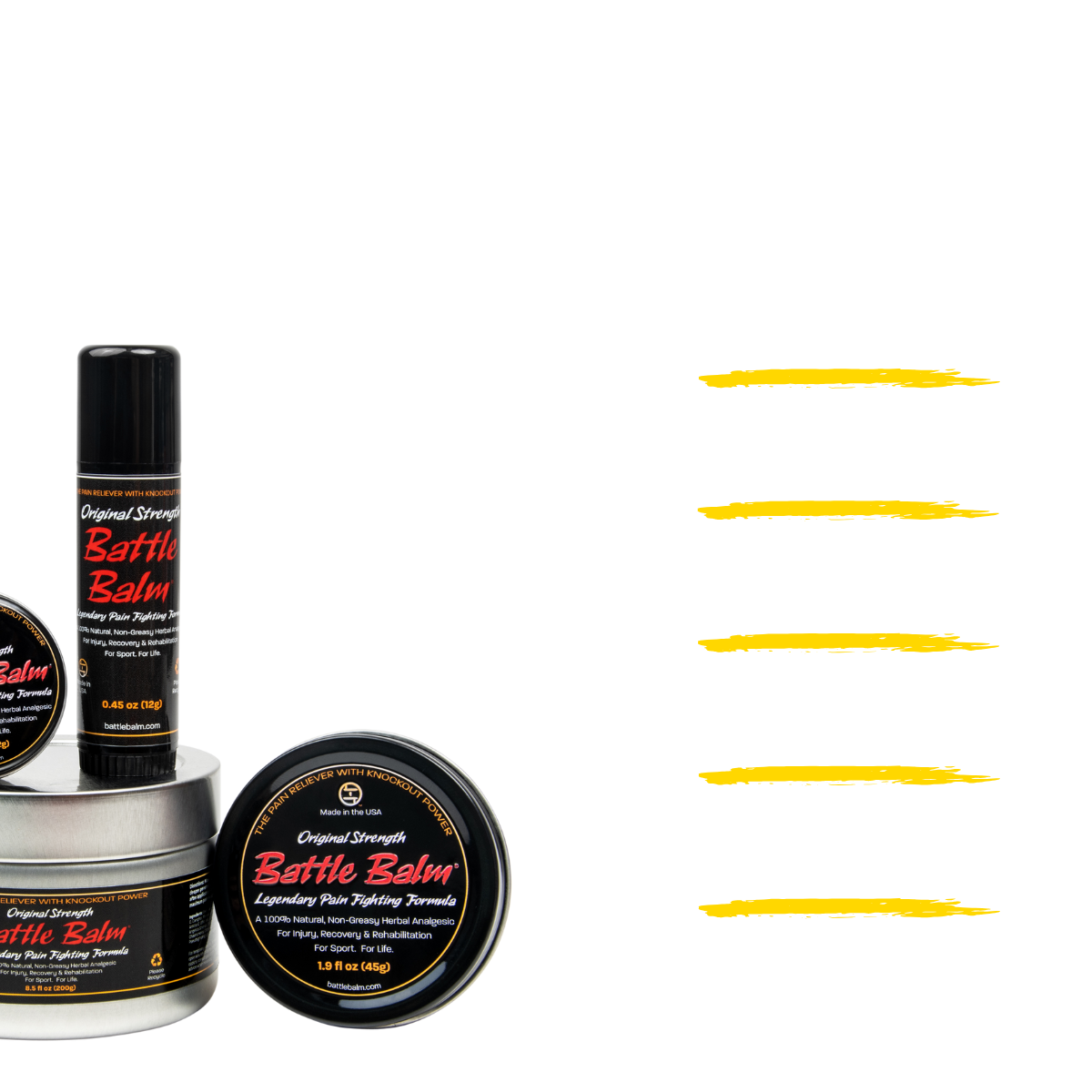 Battle Balm Original Strength Herbal All Natural Topical Pain Relief Cream Group Shot Legendary Pain Relief - For arthritis, sprains, strains, bruises, & more!