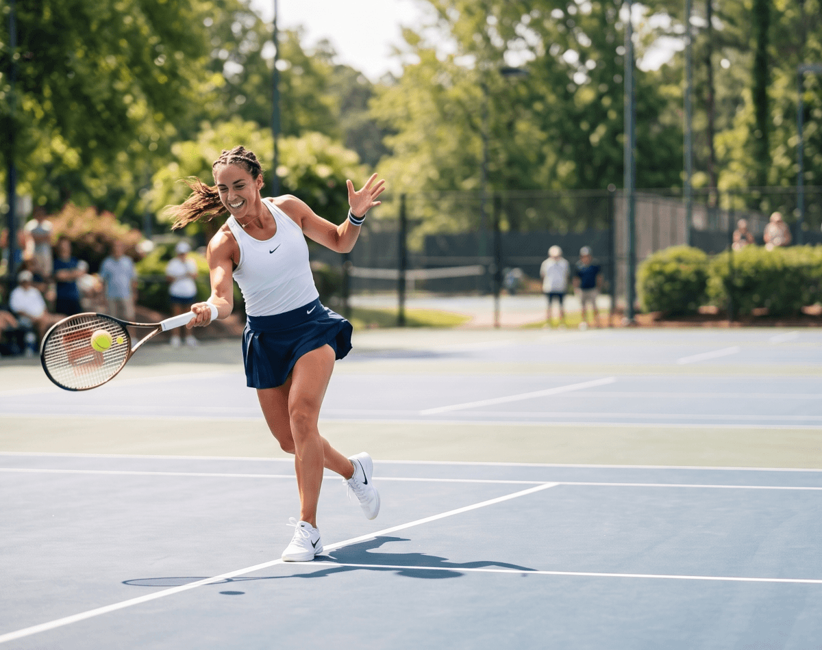A female tennis athlete in a white top and navy skirt swings her racket on an outdoor hard court, with spectators and trees in the background. She plays tennis with no pain because she uses Battle Balm all natural organic topical pain cream on her elbow.