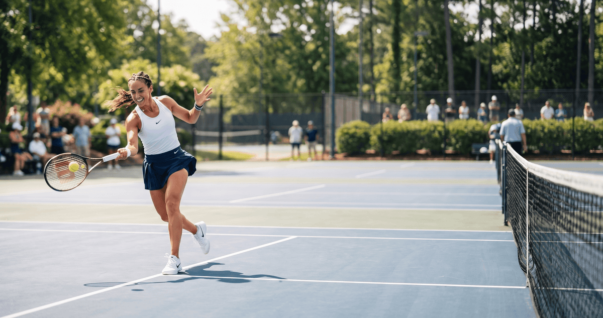A female tennis athlete in a white top and navy skirt swings her racket on an outdoor hard court, with spectators and trees in the background. She plays tennis with no pain because she uses Battle Balm all natural organic topical pain cream on her elbow.