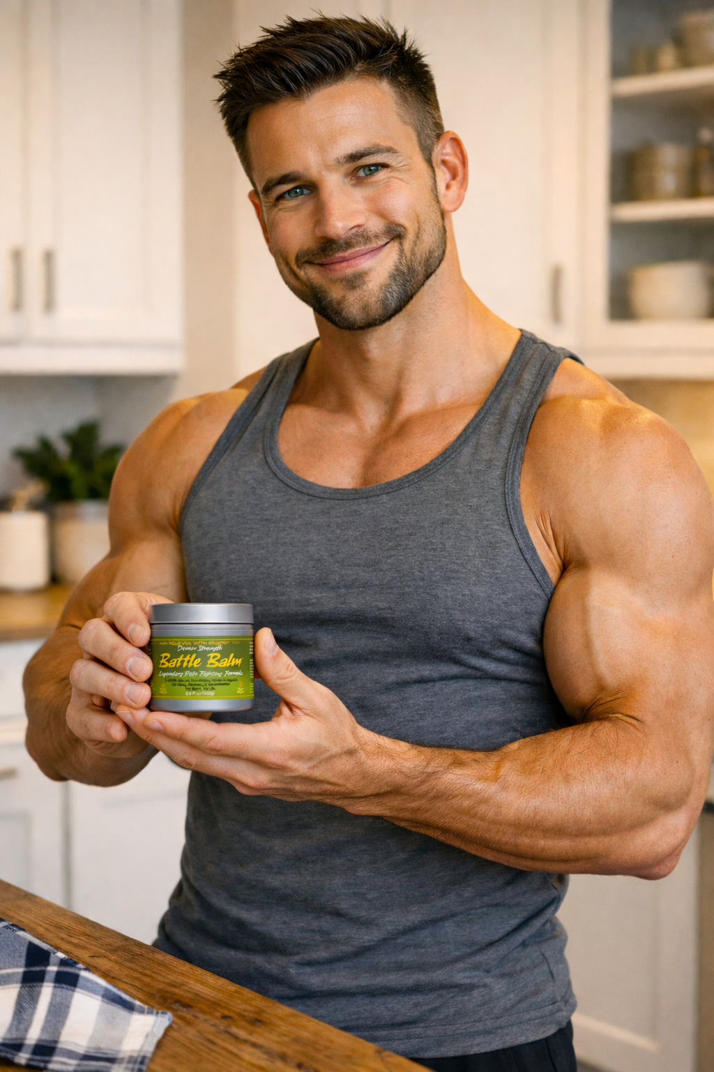Athlete holding jar of pro size Battle Balm all natural topical pain relief cream & standing in his kitchen.