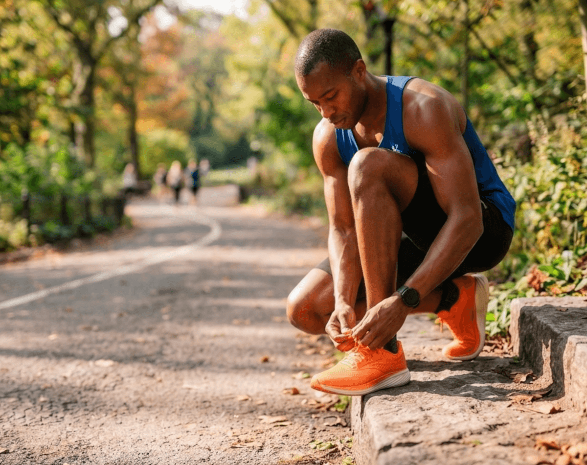An athlete in a blue tank top and black shorts, after applying Battle Balm all natural & organic topical pain cream, crouches on stone steps beside a park path, tying his shoelaces and preparing for a run.
