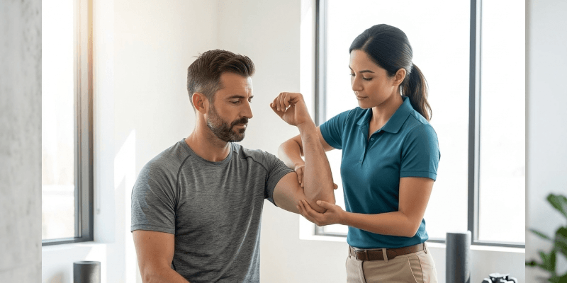 Man receiving physical therapy on elbow for tennis elbow pain. Therapist applying Battle Balm and performing soft tissue manipulation.