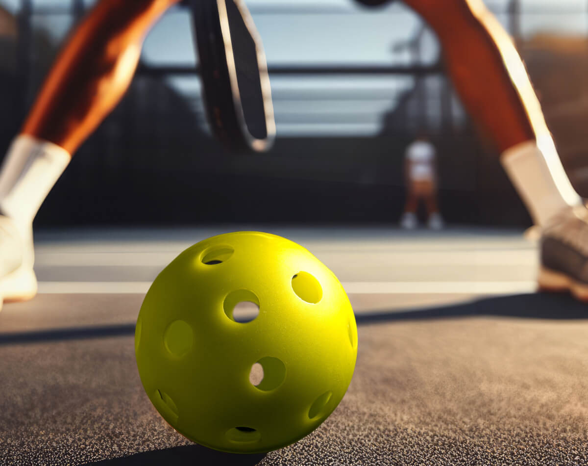 Person behind yellow pickle ball waiting for the game to start. Using Battle Balm all natural pain cream will help the athlete if they get injured badly.