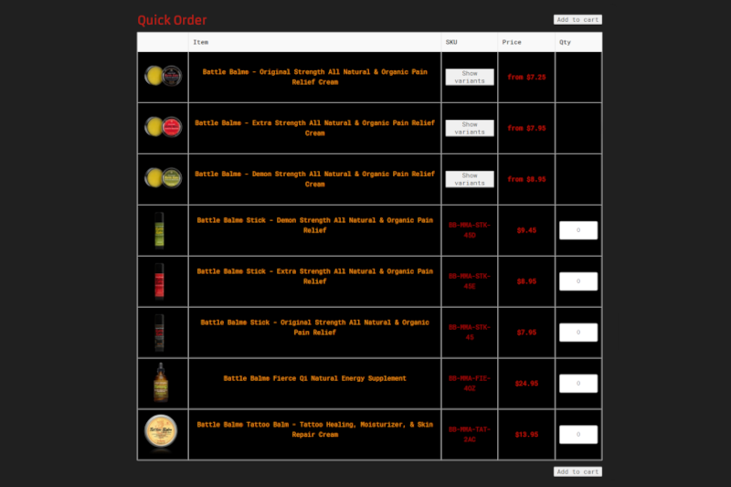 Quickly order wholesale Battle Balm products on a single page!