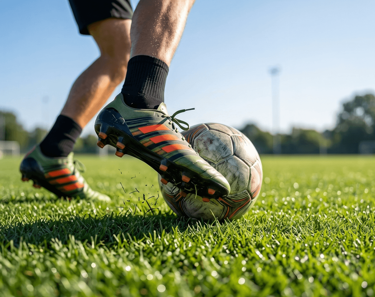 Person dribbling soccer football rehabilitating an ankle sprain through movement exercises. Using Battle Balm all natural pain cream will help the athlete recover from injury quickly, safely, & effectively.