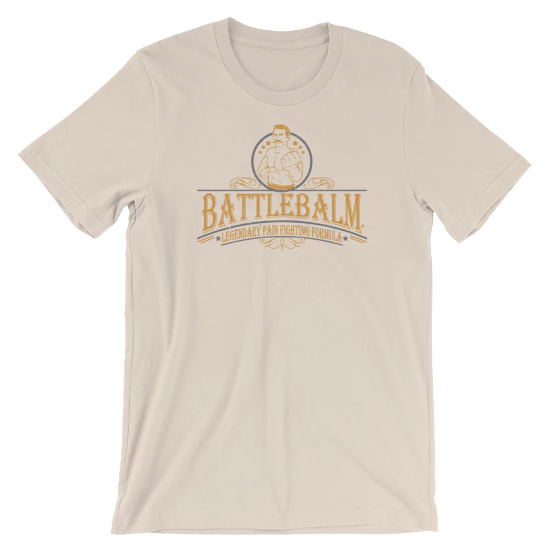 Battle Balm merchandise is beautiful and expressive. We have all kinds of awesome merch! This is the vintage bare knuckles shirt in cream colorway.