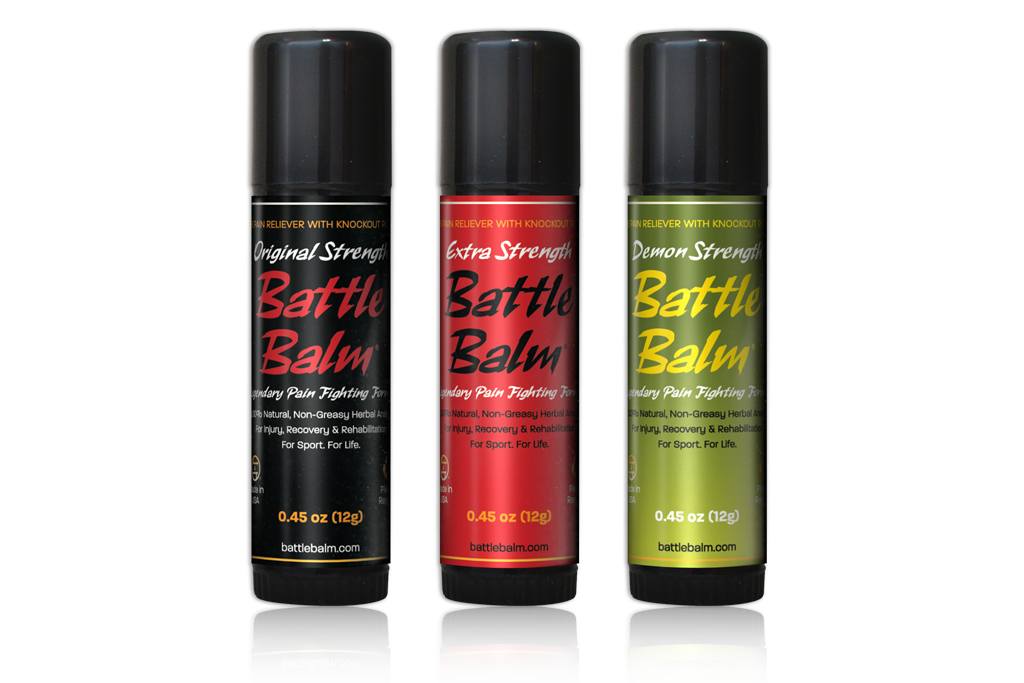 Battle Balm Stick Package All Natural Topical Pain Relief Cream for athletes. Treat arthritis, muscle strains, tendon sprains, joint pain, bruising, neck pain, back pain, knee pain & more.