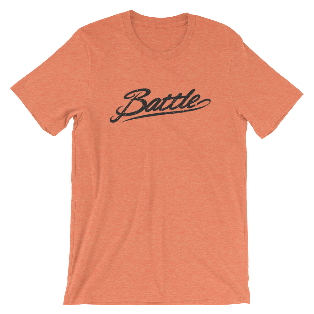 Battle Balm® (Men's) Battle Black Cursive Tee-Shirt [Heather Orange]