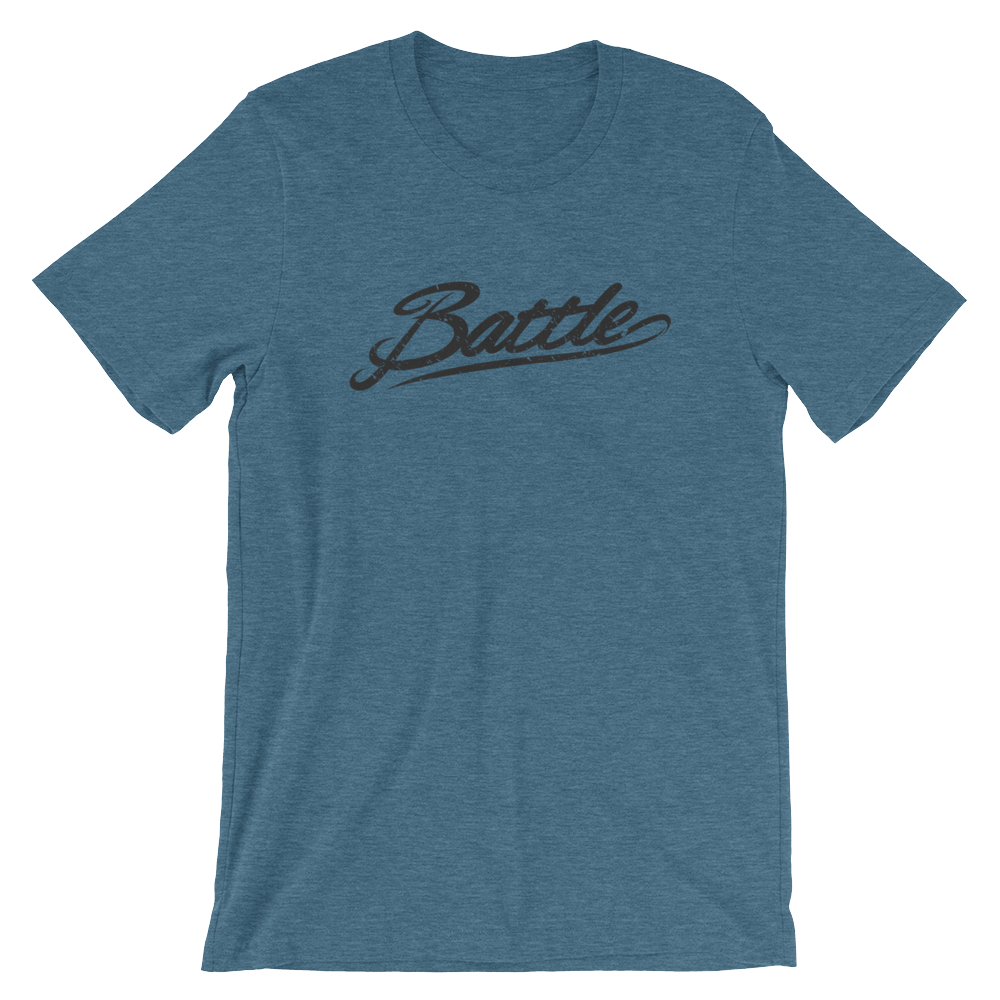 Battle Balm® (Men's) Battle Black Cursive Tee-Shirt [Heather Deep Teal]