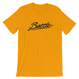 Battle Balm® (Men's) Battle Black Cursive Tee-Shirt [Gold]