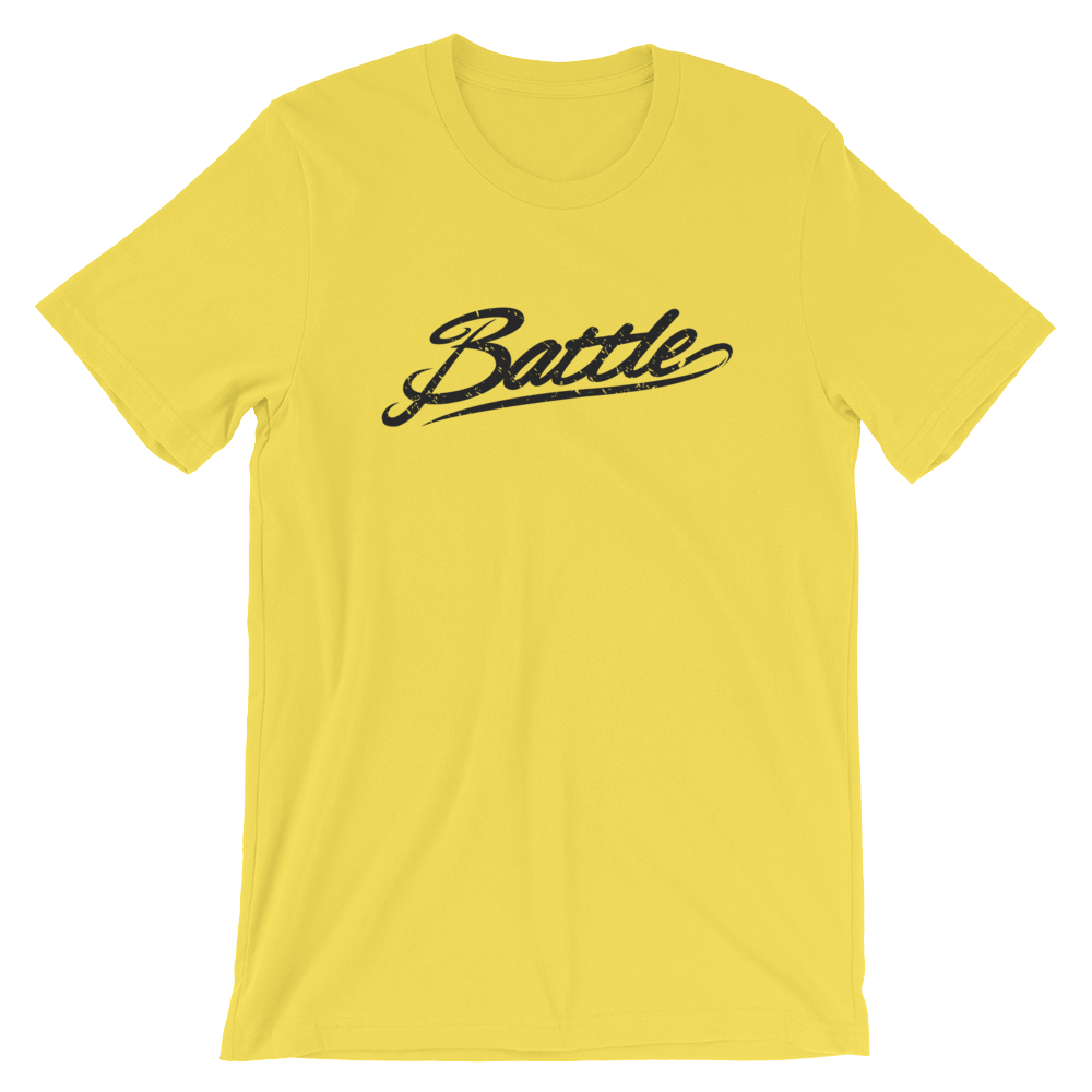 Battle Balm® (Men's) Battle Black Cursive Tee-Shirt [Yellow]