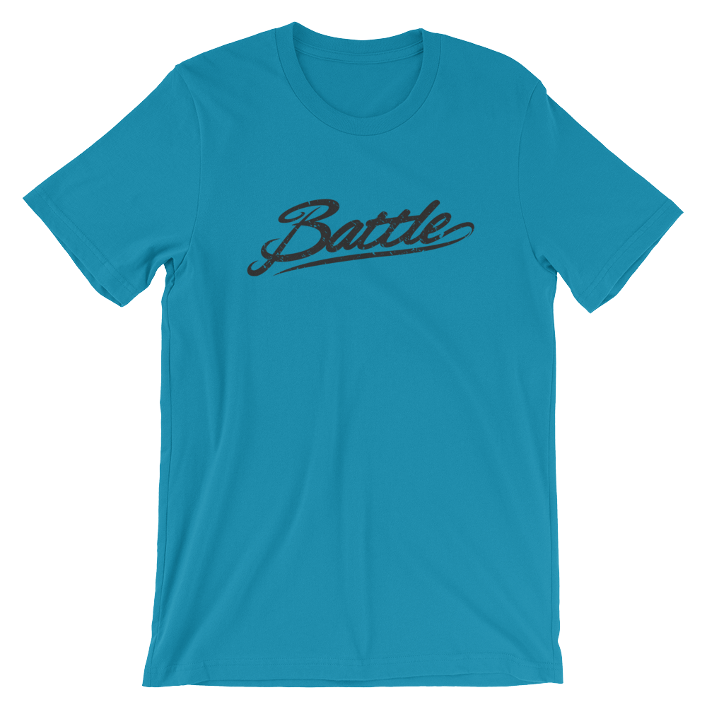 Battle Balm® (Men's) Battle Black Cursive Tee-Shirt [Aqua]