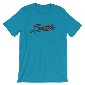 Battle Balm® (Men's) Battle Black Cursive Tee-Shirt [Aqua]