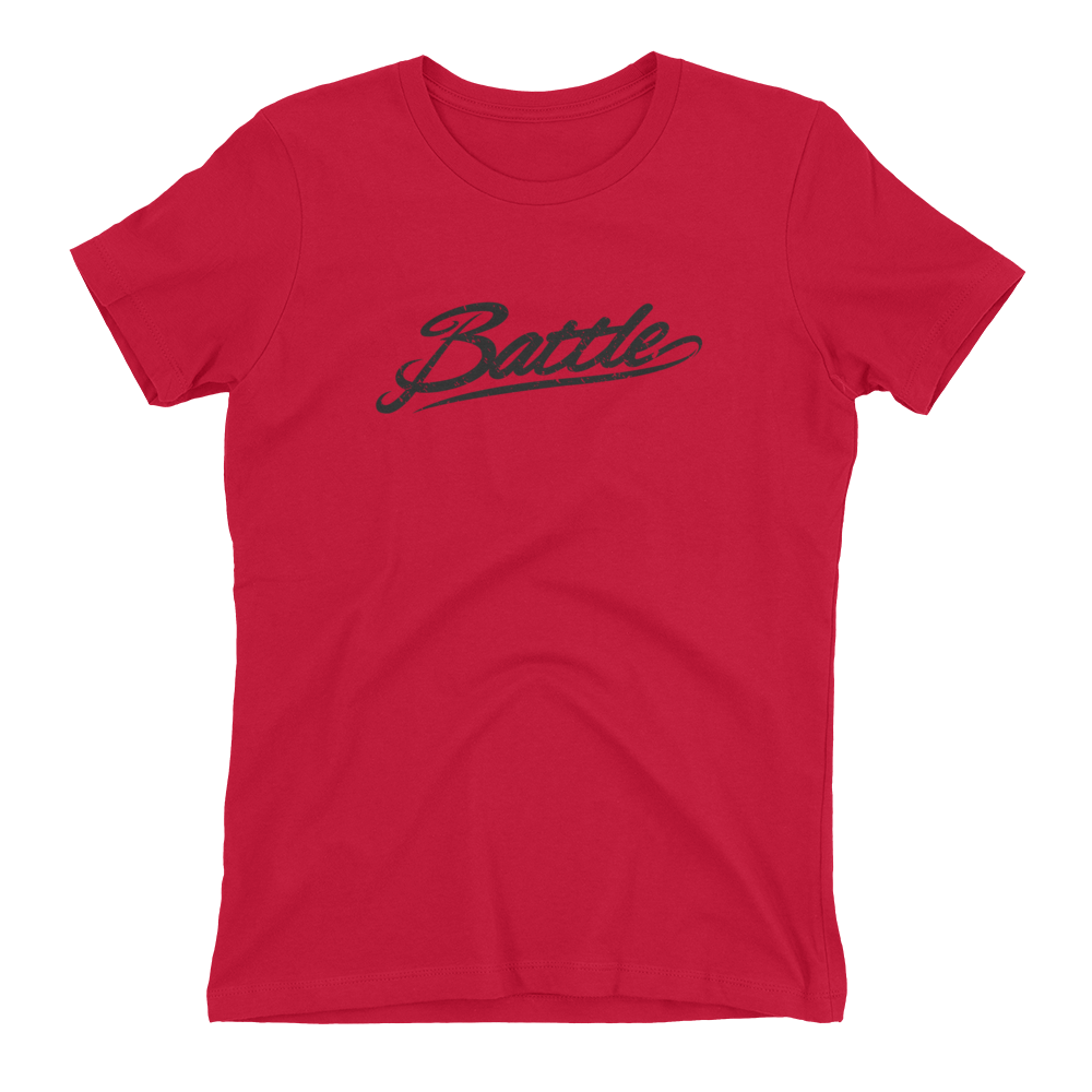 Battle Balm® (Women's) Battle Black Cursive Tee-Shirt [Red]