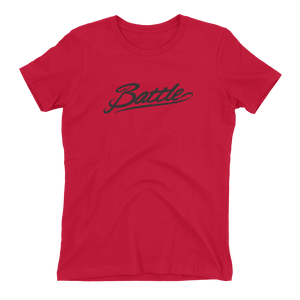 Battle Balm® (Women's) Battle Black Cursive Tee-Shirt [Red]