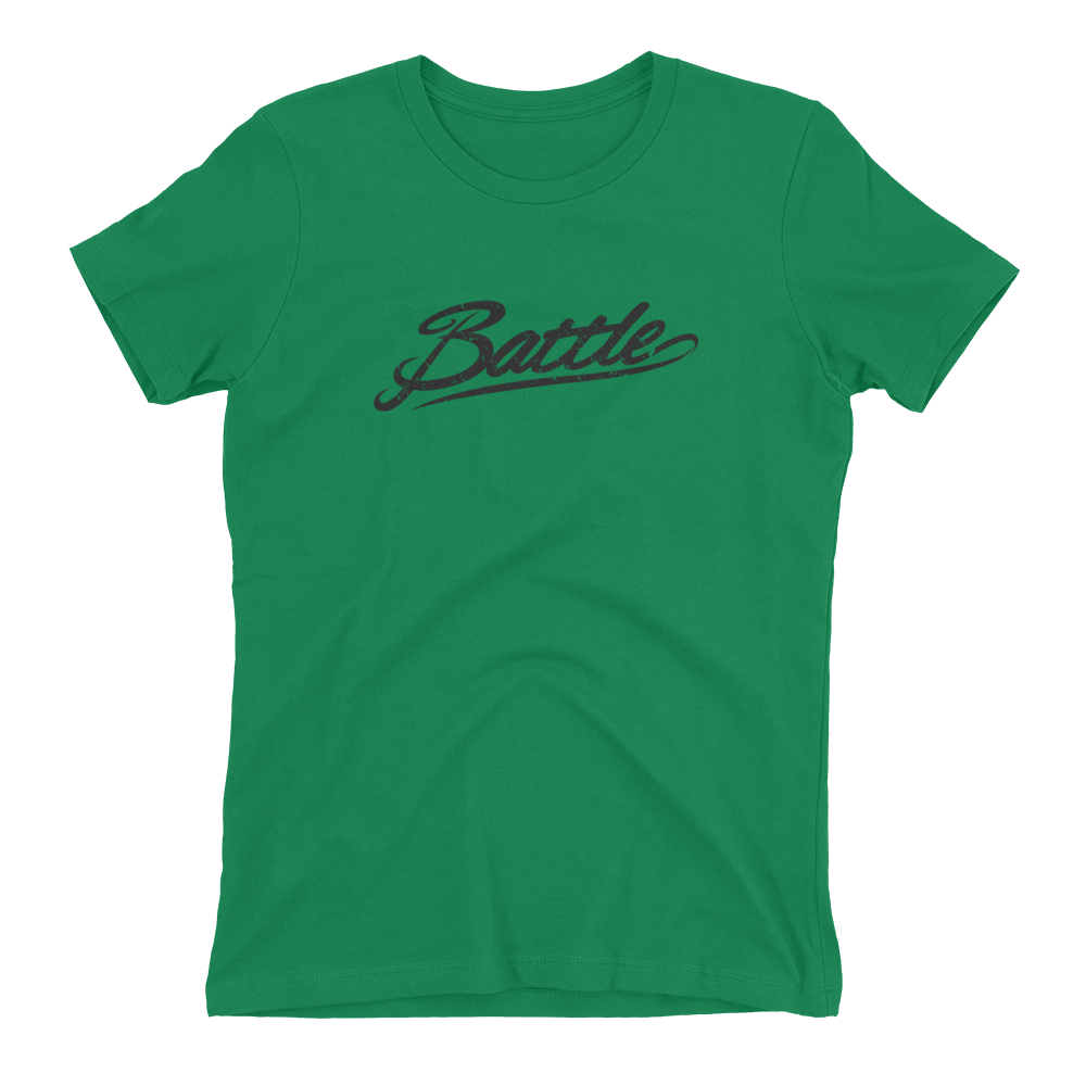 Battle Balm® (Women's) Battle Black Cursive Tee-Shirt [Kelly Green]