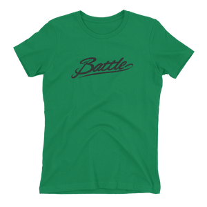 Battle Balm® (Women's) Battle Black Cursive Tee-Shirt [Kelly Green]