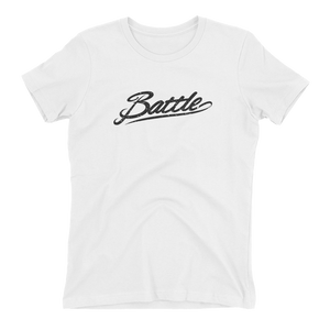 Battle Balm® (Women's) Battle Black Cursive Tee-Shirt [White]