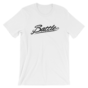 Battle Balm® (Men's) Battle Black Cursive Tee-Shirt [White]