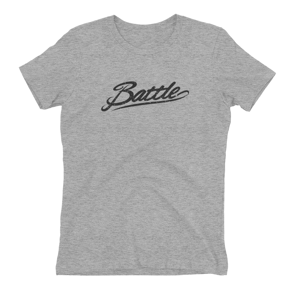 Battle Balm® (Women's) Battle Black Cursive Tee-Shirt [Heather Grey]