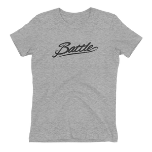 Battle Balm® (Women's) Battle Black Cursive Tee-Shirt [Heather Grey]